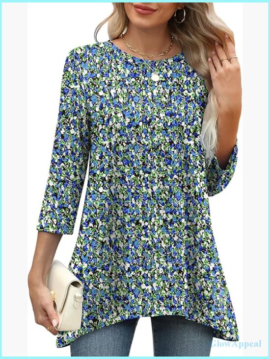 Tops - 3/4 Sleeve Tunic Top with Asymmetrical Hem, Loose Fit, Polyester Spandex